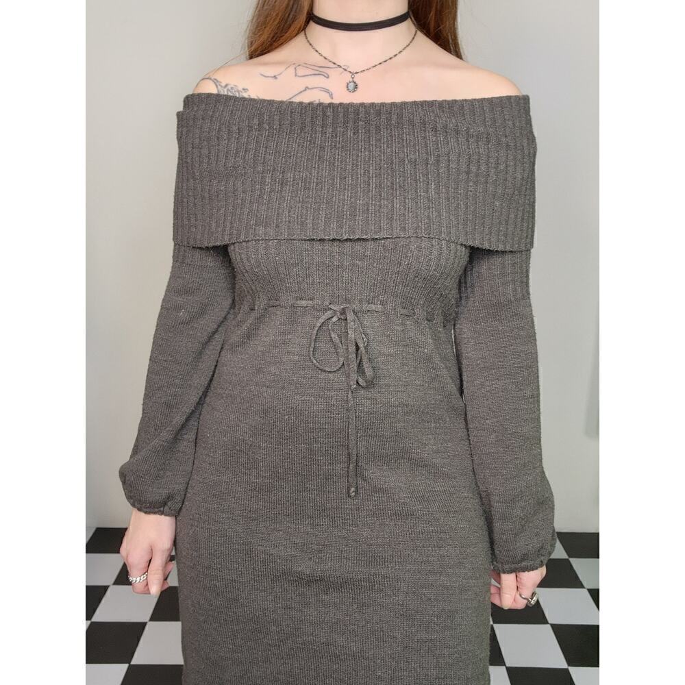 Gray Y2k Off Shoulder Knit Lantern Sleeve Dress - Picture 5 of 7